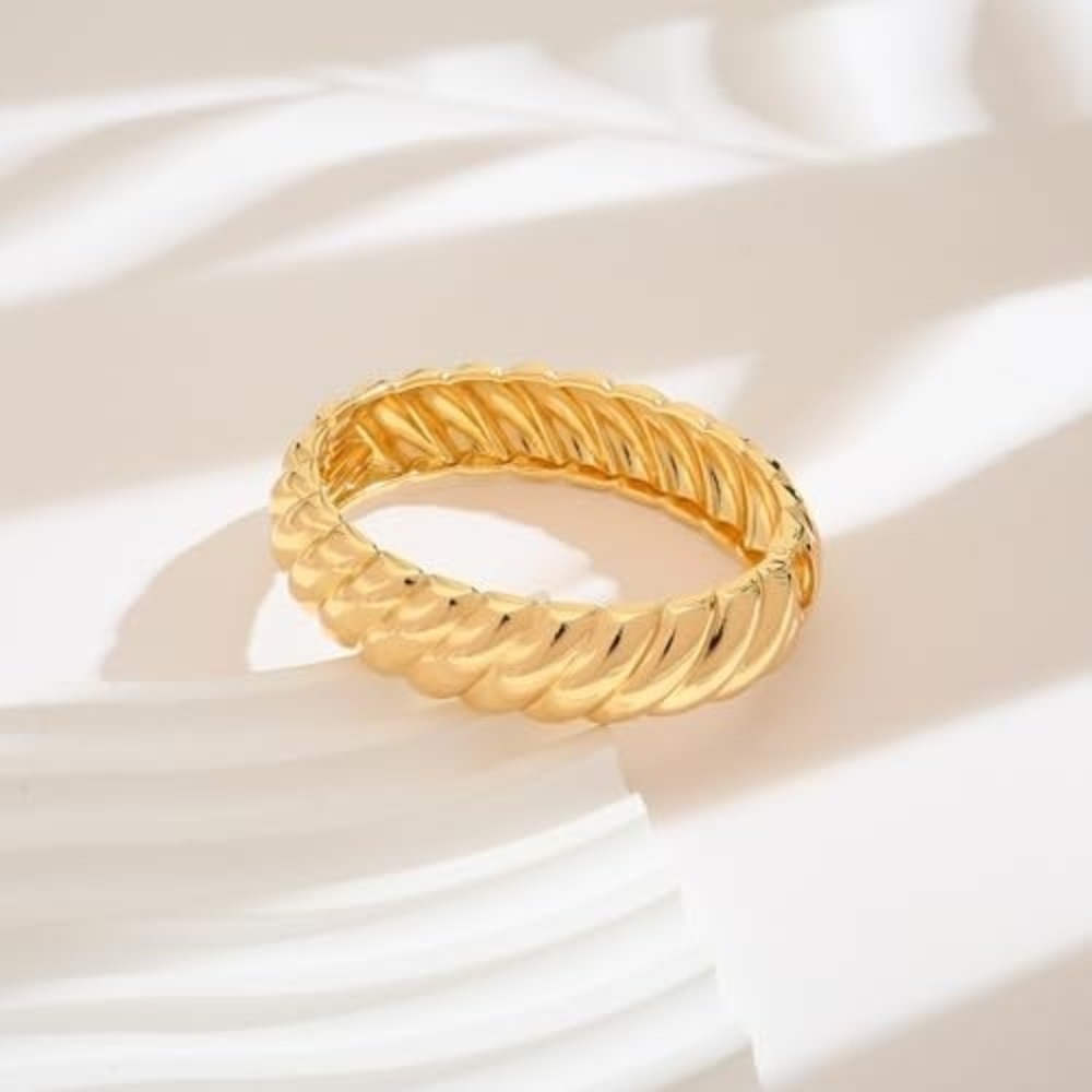 Gold Twisted Croissant Bangle Bracelet‎ Chunky Ribbed Hinged Statement Jewelry